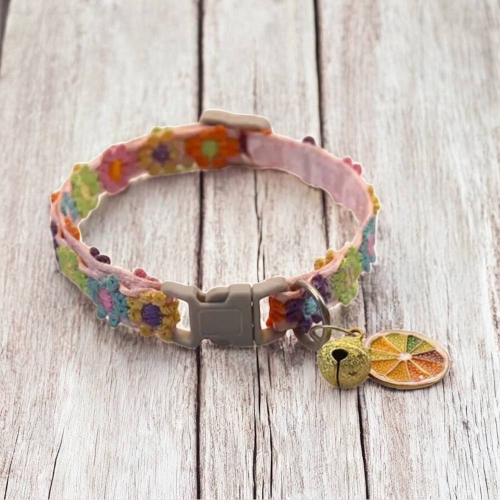 New! 1pc Floral Cat Dog Collar with Golden Bell and Orange Pendant